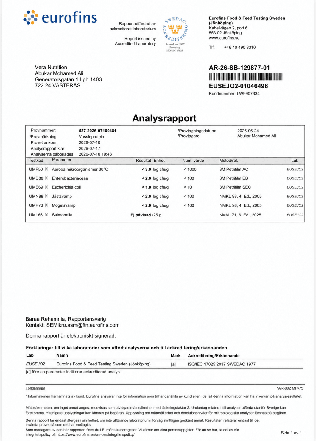Whey Eurofins analysis report